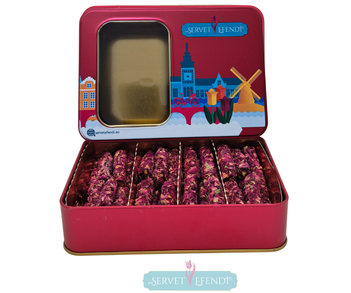 38 Gül Yaprak Fıstıklı Parmak Lokum Metal Kutu - Görsel 1