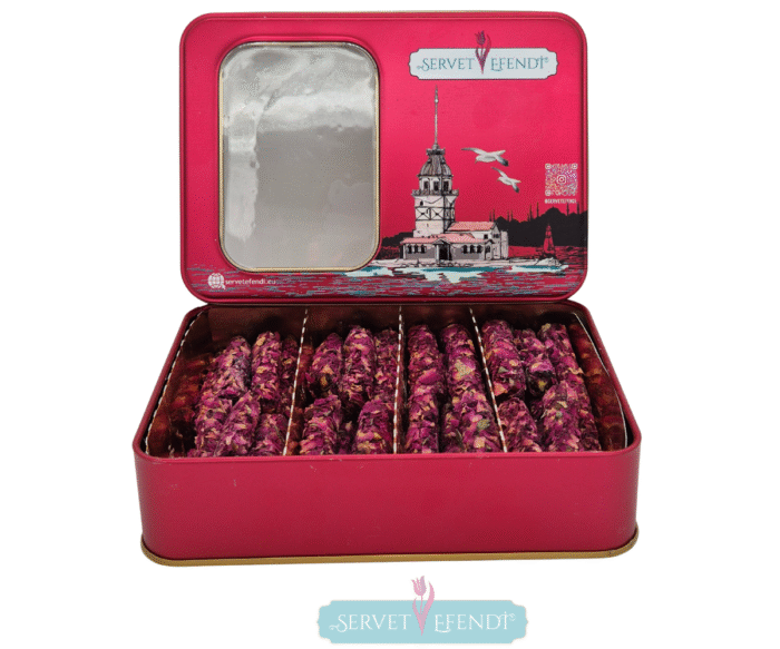 1 (3) Gül Yapraklı Fıstıklı Parmak Lokum Metal Kutu - Görsel 1